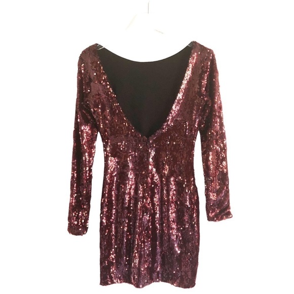 Dress The Population Sequined Long Sleeve Dress Maroon Burgundy Size Small - Picture 3 of 7